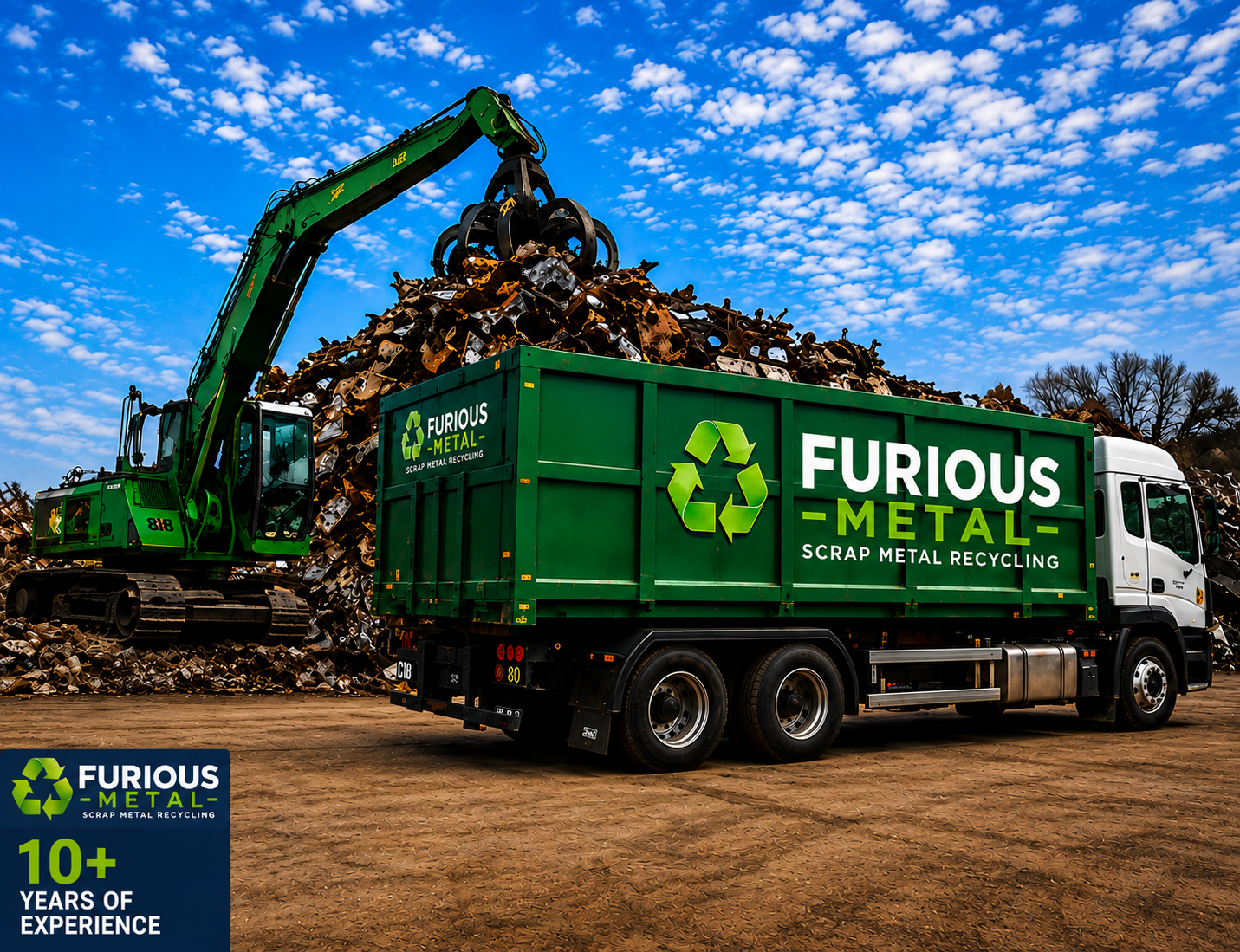 Furious Metal truck being loaded with scrap metal by an excavator